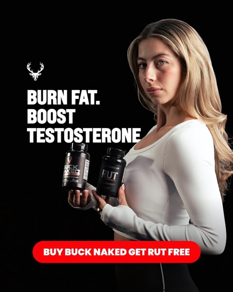 A high-contrast advertisement for testosterone supplements featuring a model holding product bottles with a bold, benefit-driven headline.